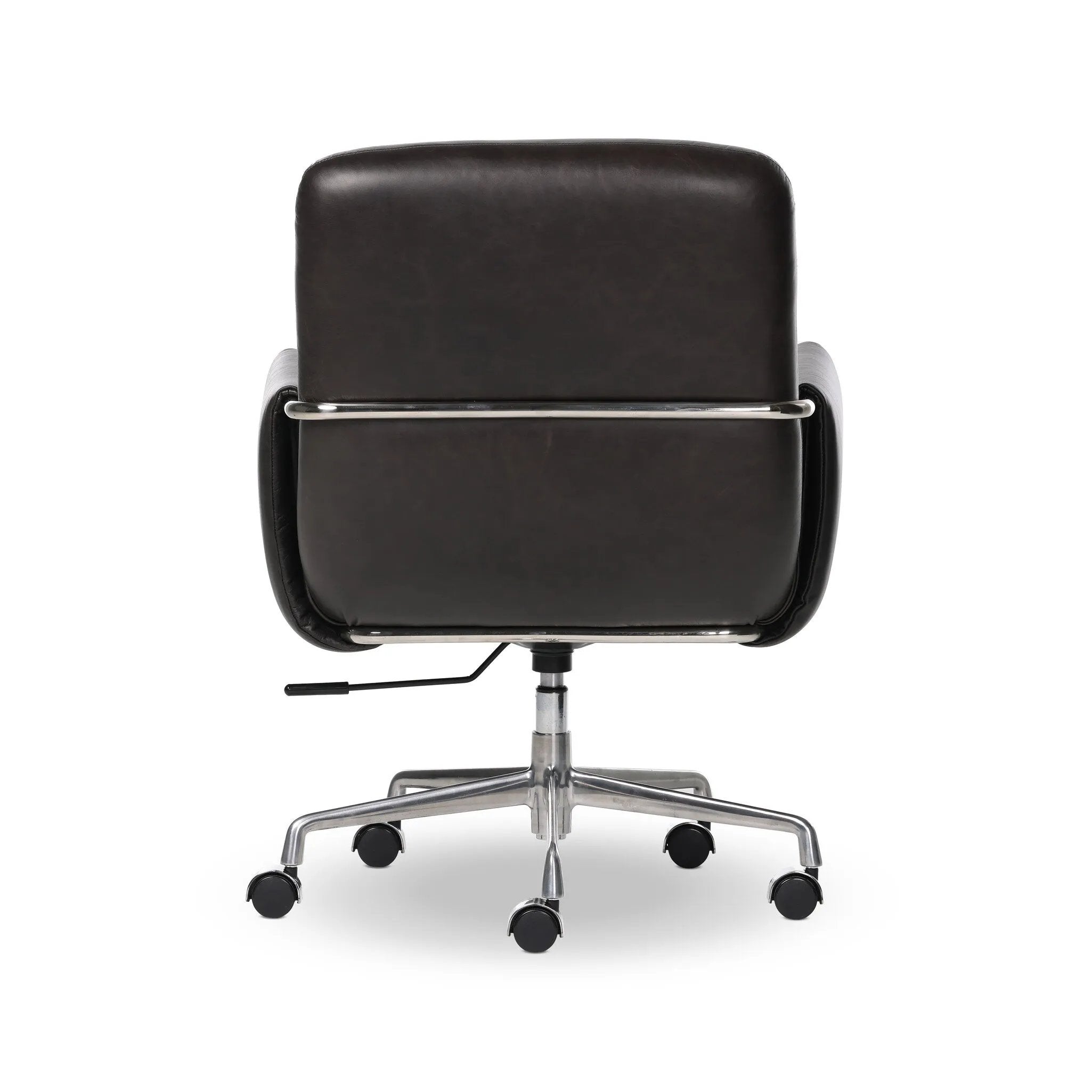 Shiny stainless steel frames Four Hands-exclusive top-leather cushioning for a balance of comfort and edge. Overfilled for a relaxed sit, a cushioned seat and back keep things supportive. Adjustable height and smooth 360-swivel bring ease to your workspace Amethyst Home provides interior design, new home construction design consulting, vintage area rugs, and lighting in the Omaha metro area.