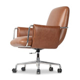 Shiny stainless steel frames tan top-grain leather cushioning for a balance of comfort and edge. Overfilled for a relaxed sit, the cushioned seat and back keep things supportive. Adjustable height and smooth 360-swivel bring ease to your workspace Amethyst Home provides interior design, new home construction design consulting, vintage area rugs, and lighting in the Dallas metro area.