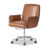 Shiny stainless steel frames tan top-grain leather cushioning for a balance of comfort and edge. Overfilled for a relaxed sit, the cushioned seat and back keep things supportive. Adjustable height and smooth 360-swivel bring ease to your workspace Amethyst Home provides interior design, new home construction design consulting, vintage area rugs, and lighting in the Miami metro area.