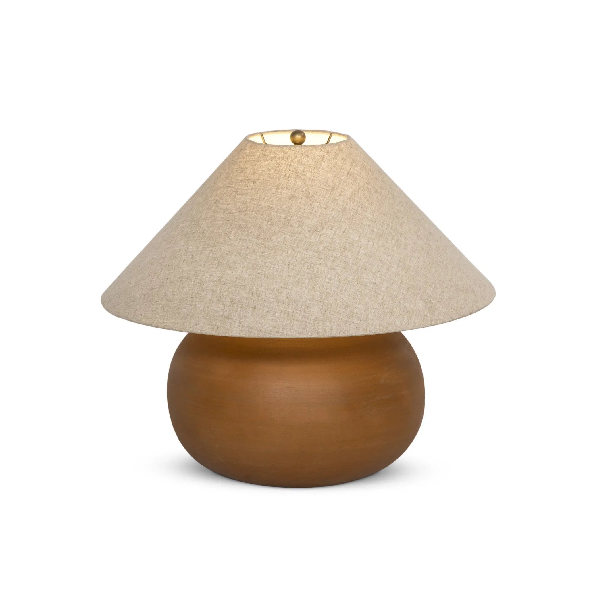 Inspired by vintage vessels, a stout table lamp bears the unique markings of natural terracotta. Topped with a neutral linen shade for texture and contrast Amethyst Home provides interior design, new home construction design consulting, vintage area rugs, and lighting in the Tampa metro area.
