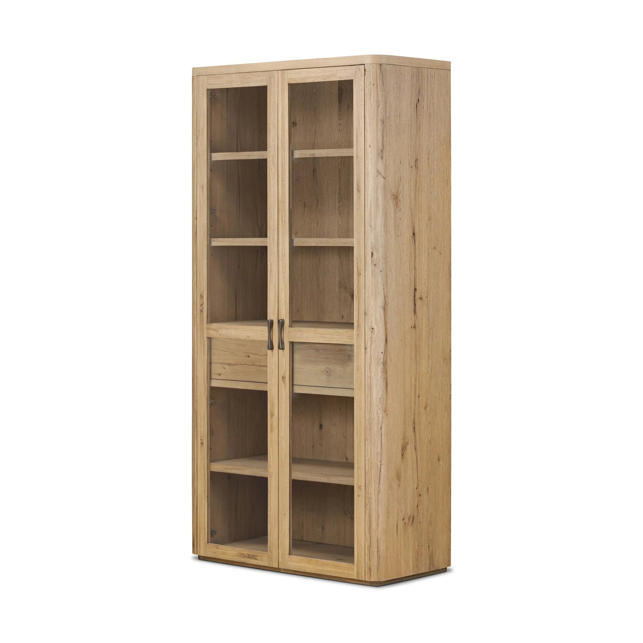 Display solo or create classic cabinetry with side-by-side multiples. This smoked oak cabinet has two drawers and multiple shelves, making a welcoming combination of open and closed storage Amethyst Home provides interior design, new home construction design consulting, vintage area rugs, and lighting in the Charlotte metro area.