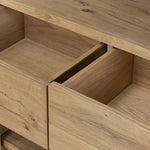 Display solo or create classic cabinetry with side-by-side multiples. This smoked oak cabinet has two drawers and multiple shelves, making a welcoming combination of open and closed storage Amethyst Home provides interior design, new home construction design consulting, vintage area rugs, and lighting in the Houston metro area.