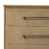 Bring a Nordic, material-driven look to your bedroom with a six-drawer dresser of grain-rich oak and drawer fronts covered with tan top-grain leather. Finished out with long, linear iron hardware Amethyst Home provides interior design, new home construction design consulting, vintage area rugs, and lighting in the Portland metro area.