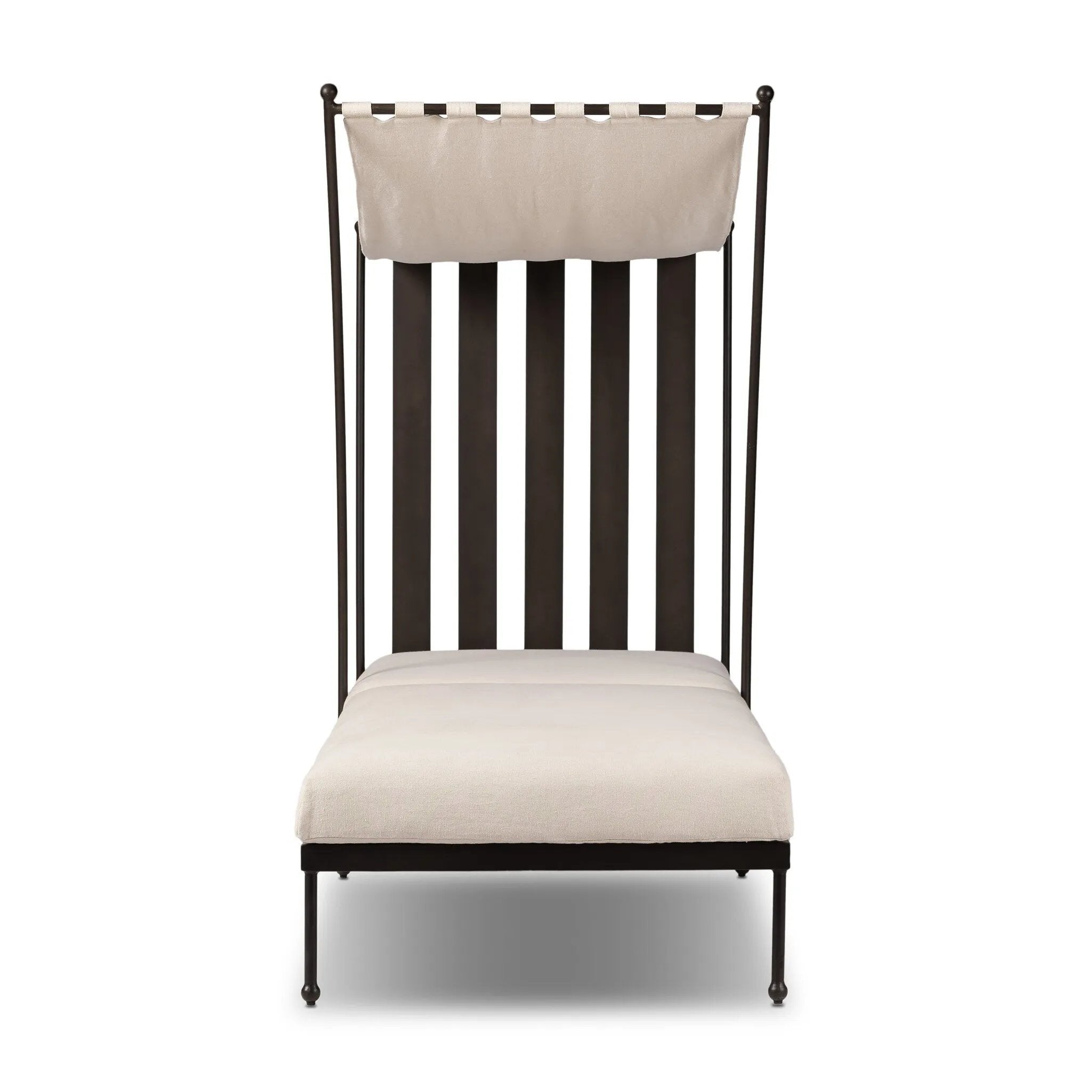 Statement-making comfort. This outdoor chaise brings a modern, French Deco-inspired look with bold color contrast to the patio. High back vertical slats pair with the removable canopy and small finial details for a unique take on traditional. Cover or store indoors during inclement weather and when not in use Amethyst Home provides interior design, new home construction design consulting, vintage area rugs, and lighting in the Washington metro area.