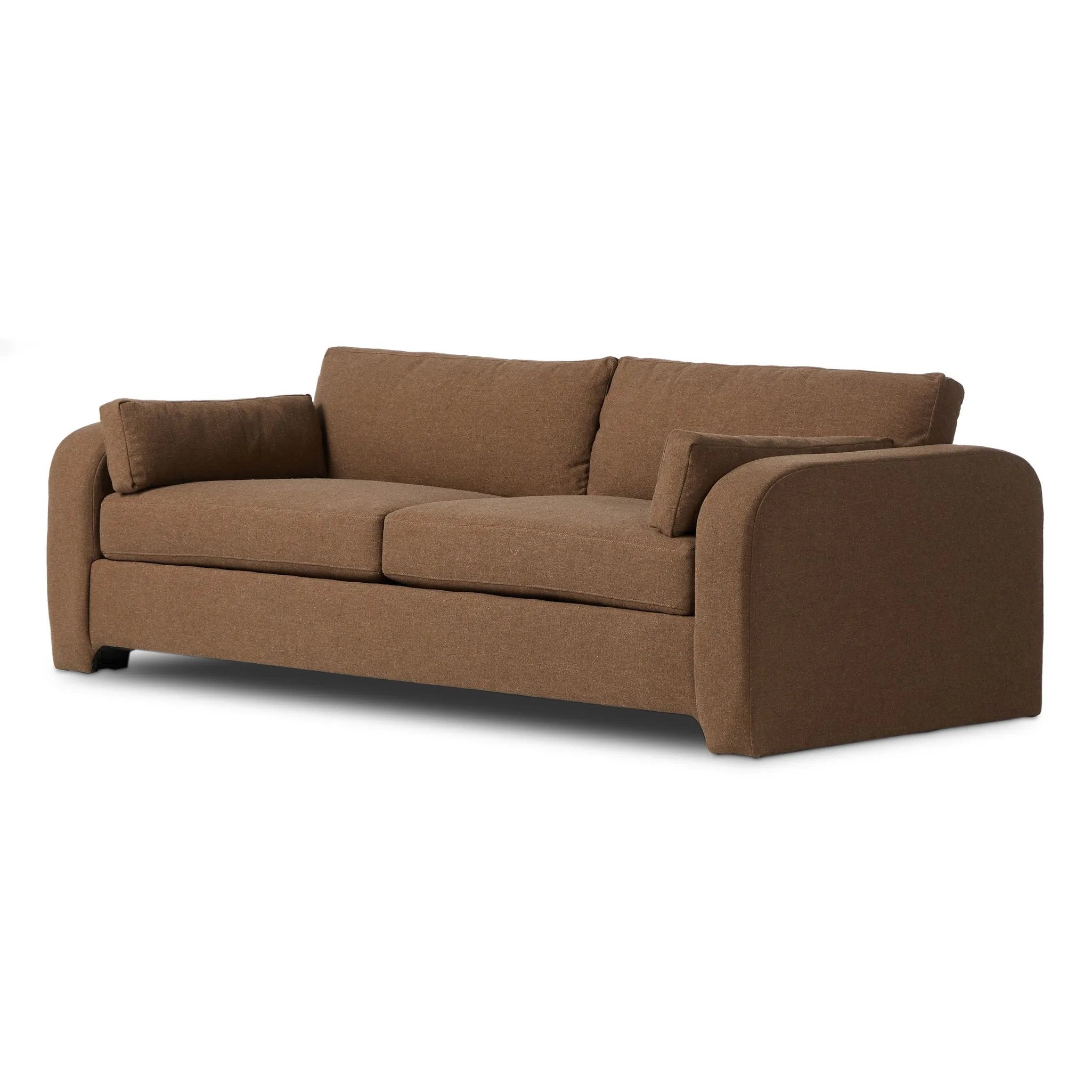 Featuring Tate Antwerp Cafe Sofa-98" by Four Hands at Amethyst Home. Made in the USA, this inviting sofa features large, arched arms with extra padding, offering a sleek yet comfortable look. Upholstered in a durable, linen-like fabric, it balances practicality with a soft, textured feel. Six loose cushions ? including two large back and seat cushions and two. Amethyst Home provides interior design, new home construction design consulting, vintage area rugs, and lighting in the Seattle metro area.