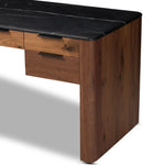 Design your home office with hallmark features inspired by soft Brutalism. Made from solid walnut and poplar woods with a natural finish, the five-drawer executive desk is topped with a black marble top with half bullnose edging for smooth contours. High-quality hardware is crafted from black iron Amethyst Home provides interior design, new home construction design consulting, vintage area rugs, and lighting in the Boston metro area.