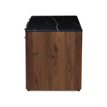 Design your home office with hallmark features inspired by soft Brutalism. Made from solid walnut and poplar woods with a natural finish, the five-drawer executive desk is topped with a black marble top with half bullnose edging for smooth contours. High-quality hardware is crafted from black iron Amethyst Home provides interior design, new home construction design consulting, vintage area rugs, and lighting in the Houston metro area.