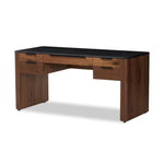 Design your home office with hallmark features inspired by soft Brutalism. Made from solid walnut and poplar woods with a natural finish, the five-drawer executive desk is topped with a black marble top with half bullnose edging for smooth contours. High-quality hardware is crafted from black iron Amethyst Home provides interior design, new home construction design consulting, vintage area rugs, and lighting in the Nashville metro area.
