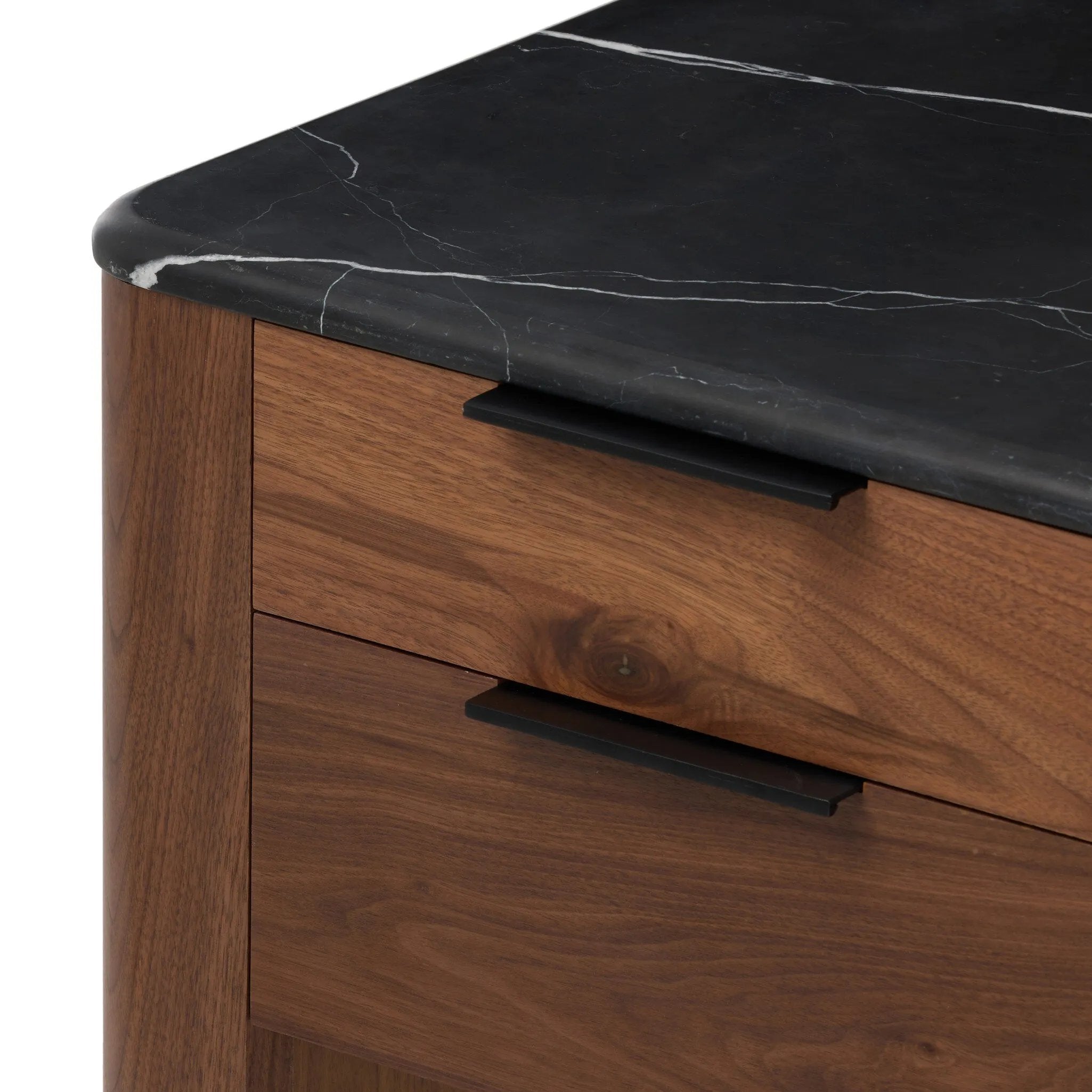 Design your home office with hallmark features inspired by soft Brutalism. Made from solid walnut and poplar woods with a natural finish, the five-drawer executive desk is topped with a black marble top with half bullnose edging for smooth contours. High-quality hardware is crafted from black iron Amethyst Home provides interior design, new home construction design consulting, vintage area rugs, and lighting in the Tampa metro area.