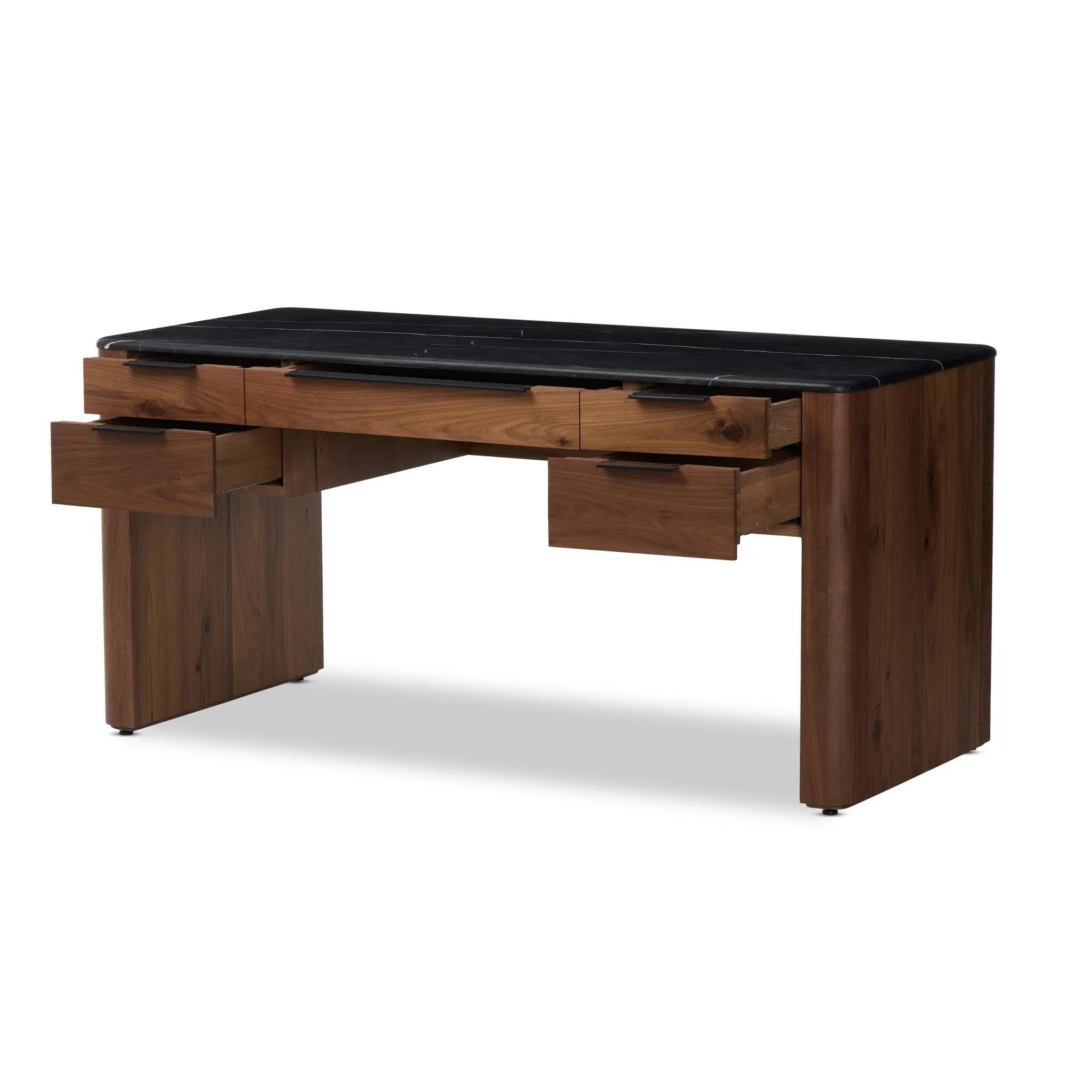 Design your home office with hallmark features inspired by soft Brutalism. Made from solid walnut and poplar woods with a natural finish, the five-drawer executive desk is topped with a black marble top with half bullnose edging for smooth contours. High-quality hardware is crafted from black iron Amethyst Home provides interior design, new home construction design consulting, vintage area rugs, and lighting in the Winter Garden metro area.