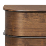 Dark brown walnut is aesthetically shaped with fluid, rounded corners on a ski leg base. The seamless design features six spacious drawers with metal bar hardware that runs along the tops of the drawers Amethyst Home provides interior design, new home construction design consulting, vintage area rugs, and lighting in the Alpharetta metro area.