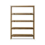 Featuring Theodore Rustic Amber Oak Veneer Bookcase by Four Hands at Amethyst Home. Wide and stately, with plenty of space for storage and display. A bookcase made from rustic amber-finished oak shapes a wide floating shelf design, with layered cross supports bringing an architectural feel to the office or living room.Overall Dimensions: 60.00"w x 18.00"d x 84. Amethyst Home provides interior design, new home construction design consulting, vintage area rugs, and lighting in the Austin metro area.