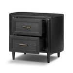Infuse your collection with timeless midcentury design. Crafted from oak and parawood, a two-drawer nightstand is finished in a matte black, with simple brass hardware Amethyst Home provides interior design, new home construction design consulting, vintage area rugs, and lighting in the Nashville metro area.