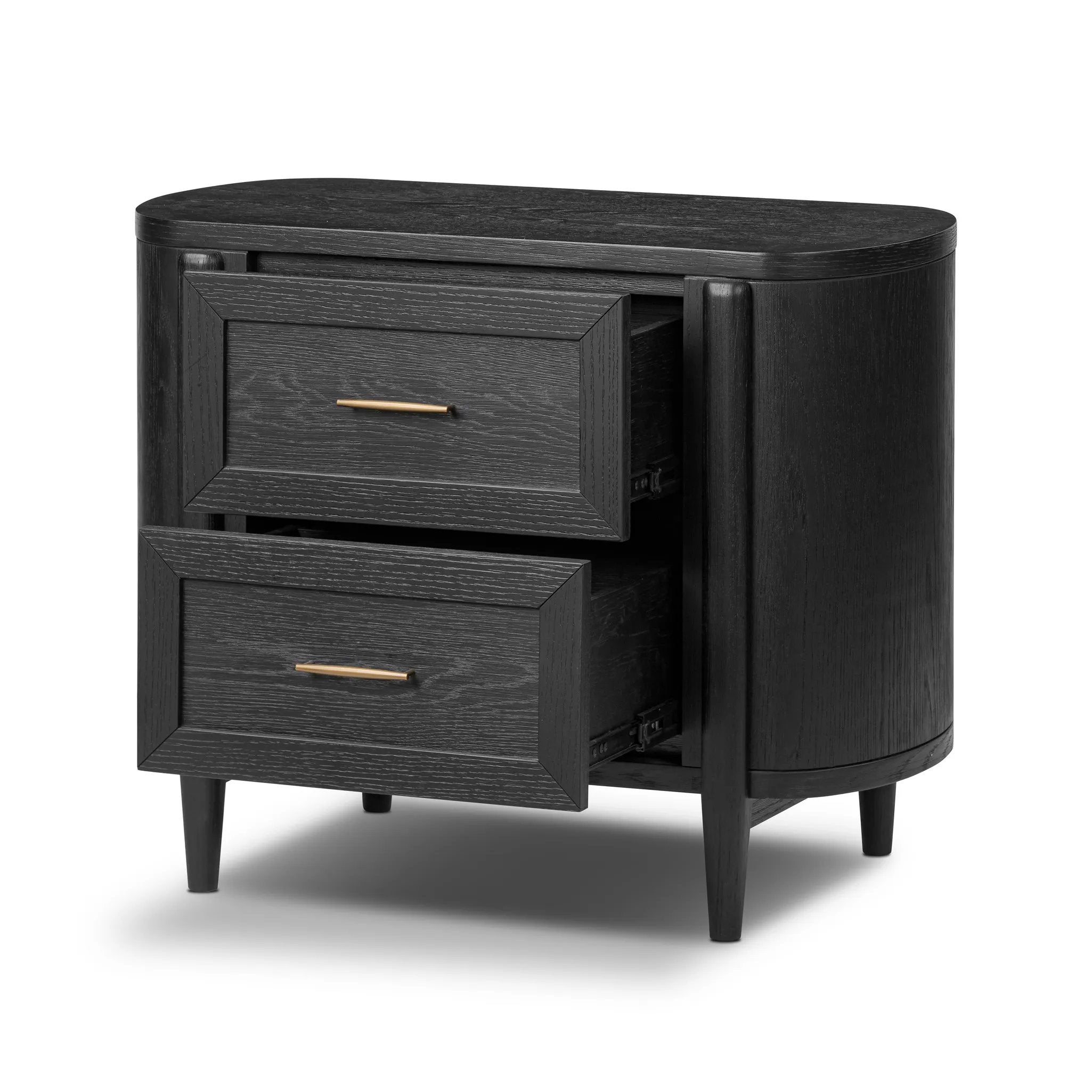 Infuse your collection with timeless midcentury design. Crafted from oak and parawood, a two-drawer nightstand is finished in a matte black, with simple brass hardware Amethyst Home provides interior design, new home construction design consulting, vintage area rugs, and lighting in the Nashville metro area.