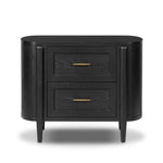Infuse your collection with timeless midcentury design. Crafted from oak and parawood, a two-drawer nightstand is finished in a matte black, with simple brass hardware Amethyst Home provides interior design, new home construction design consulting, vintage area rugs, and lighting in the Omaha metro area.
