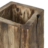 Character-rich reclaimed wood shapes this natural statement planter, with heavy cracking and texture conveying a found look. Not water tight; liner/pot required Amethyst Home provides interior design, new home construction design consulting, vintage area rugs, and lighting in the Austin metro area.