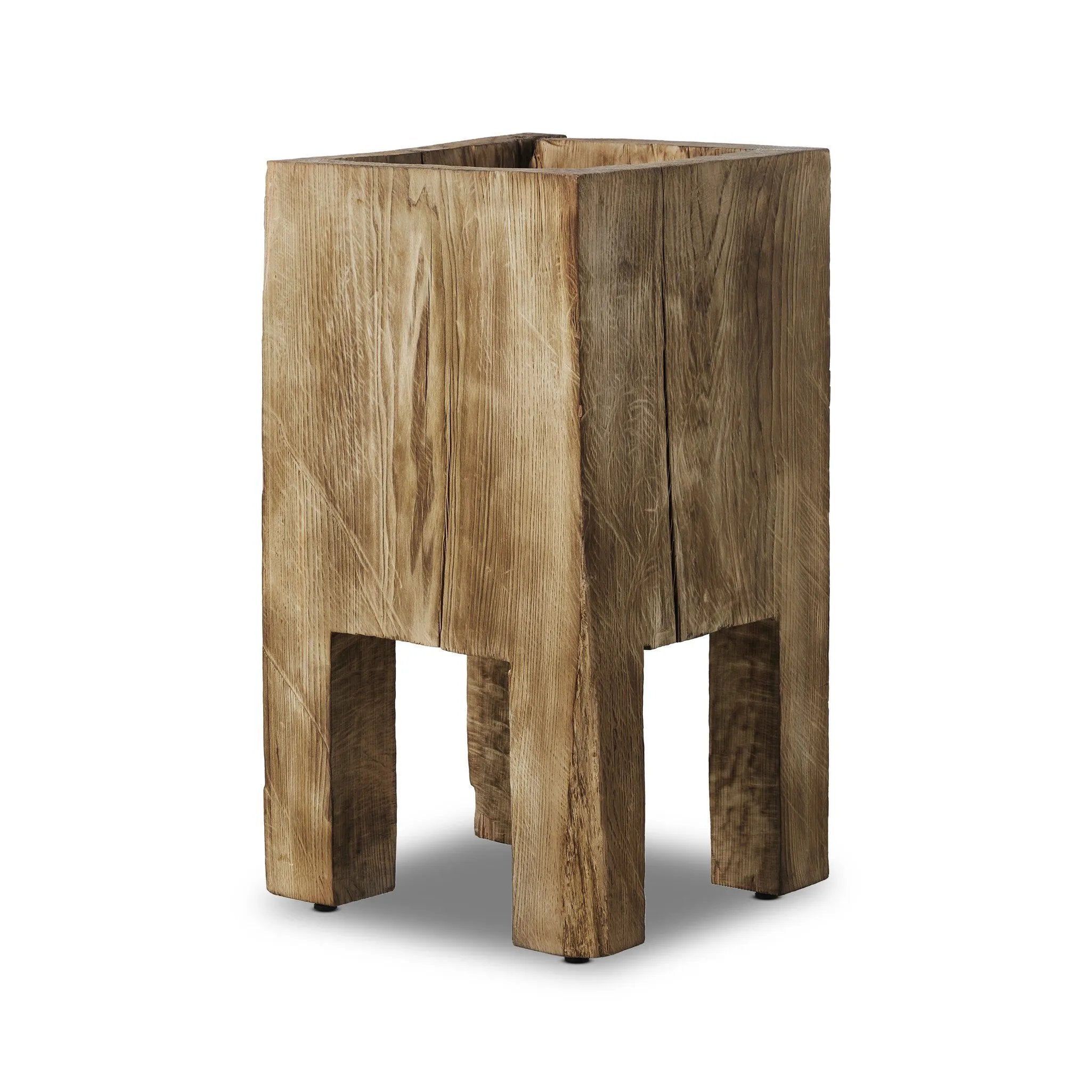 Character-rich reclaimed wood shapes this natural statement planter, with heavy cracking and texture conveying a found look. Not water tight; liner/pot required Amethyst Home provides interior design, new home construction design consulting, vintage area rugs, and lighting in the Winter Garden metro area.