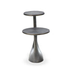 Made from distressed metal with a bronzed finish, an organically shaped end table features two tabletops, perfectly sized for your drink or favorite book Amethyst Home provides interior design, new home construction design consulting, vintage area rugs, and lighting in the Portland metro area.