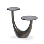 Made from distressed metal with a bronzed finish, an organically shaped end table features two tabletops, perfectly sized for your drink or favorite book Amethyst Home provides interior design, new home construction design consulting, vintage area rugs, and lighting in the Winter Garden metro area.