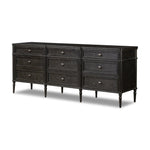 Made from distressed black-finished oak with slim legs, nine drawers bring antique European vibes to modern bedroom styling. This item has been modified to comply with the STURDY Act. See a full list of modified products and data changes in the “STURDY Act” file in the Downloads section below Amethyst Home provides interior design, new home construction design consulting, vintage area rugs, and lighting in the Calabasas metro area.
