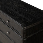 Made from distressed black-finished oak with slim legs, nine drawers bring antique European vibes to modern bedroom styling. This item has been modified to comply with the STURDY Act. See a full list of modified products and data changes in the “STURDY Act” file in the Downloads section below Amethyst Home provides interior design, new home construction design consulting, vintage area rugs, and lighting in the Laguna Beach metro area.