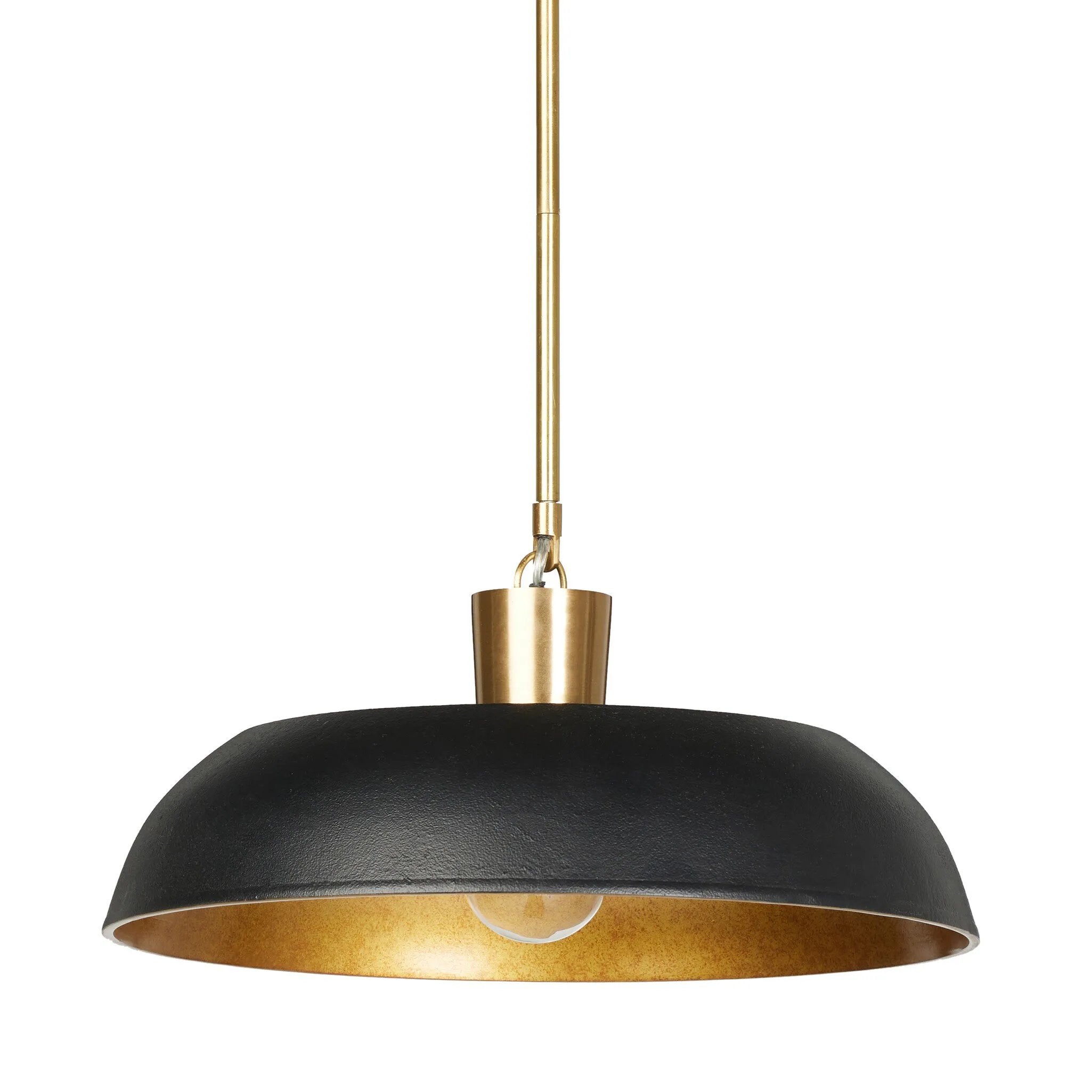 Featuring Walton Black Aluminum Enamel Pendant by Four Hands at Amethyst Home. Low-profile pendant light with wide cast aluminum shade in a black textured finish. Gold leaf interior reflects to emit a warm, inviting glow that meets vintage inspiration and modern simplicity.
Overall Dimensions: 18.0" L x 18.0 " W x 8.25" H
Collection: DaneColors: Black A. Amethyst Home provides interior design, new home construction design consulting, vintage area rugs, and lighting in the Newport Beach metro area.