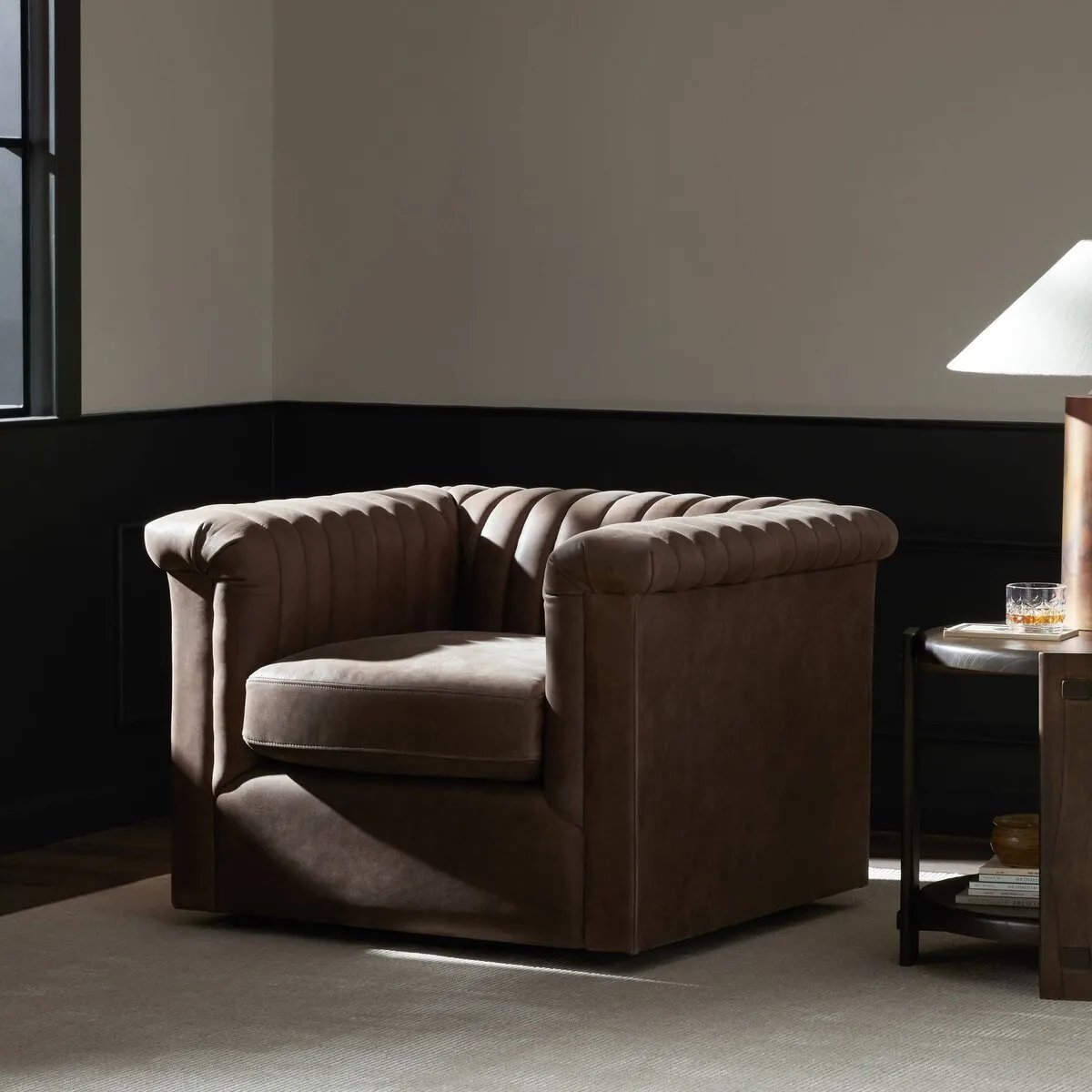 Featuring Watson Palermo Cigar Swivel Chair by Four Hands at Amethyst Home. Try a uniquely fresh take on traditional. Squared arms reimagine the English roll arm, with vertical channeling for a linear look with great texture. Swivel chair is upholstered in a thick-cut leather with natural graining throughout for added depth.
Overall Dimensions: 37.00"w x 33. Amethyst Home provides interior design, new home construction design consulting, vintage area rugs, and lighting in the Nashville metro area.