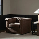 Featuring Watson Palermo Cigar Swivel Chair by Four Hands at Amethyst Home. Try a uniquely fresh take on traditional. Squared arms reimagine the English roll arm, with vertical channeling for a linear look with great texture. Swivel chair is upholstered in a thick-cut leather with natural graining throughout for added depth.
Overall Dimensions: 37.00"w x 33. Amethyst Home provides interior design, new home construction design consulting, vintage area rugs, and lighting in the Nashville metro area.