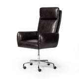 Featuring Wayland Sonoma Black Desk Chair by Four Hands at Amethyst Home. Pillowy knife-edge arms wrapped in black top-grain leather enhance the classic silhouette of this executive-sized desk chair. A polished aluminum swivel base features casters and height adjustability for added ease.
Overall Dimensions: 30.5" L x 29.0 " W x 42.0" H
Materials: Top Grain. Amethyst Home provides interior design, new home construction design consulting, vintage area rugs, and lighting in the Charlotte metro area.