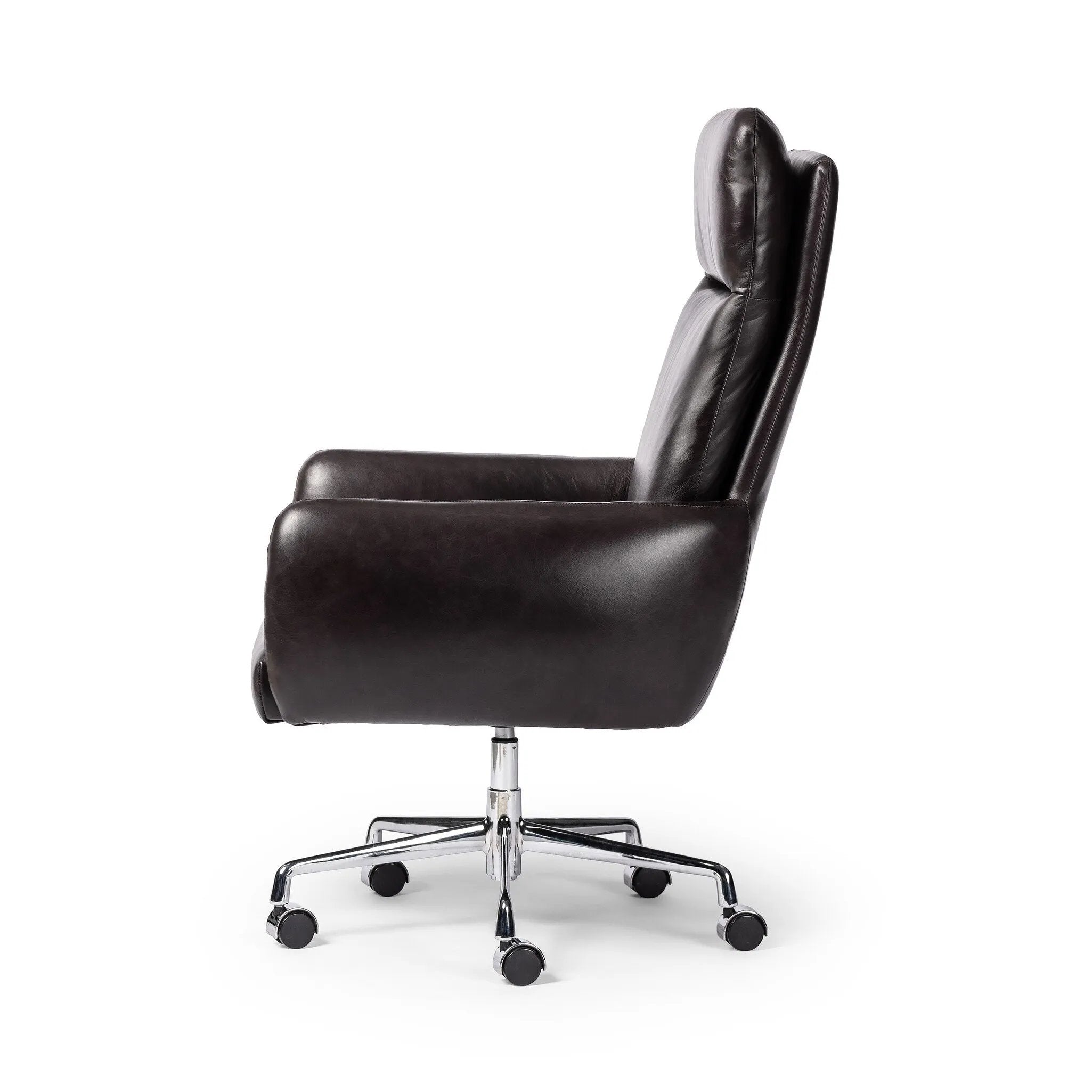 Featuring Wayland Sonoma Black Desk Chair by Four Hands at Amethyst Home. Pillowy knife-edge arms wrapped in black top-grain leather enhance the classic silhouette of this executive-sized desk chair. A polished aluminum swivel base features casters and height adjustability for added ease.
Overall Dimensions: 30.5" L x 29.0 " W x 42.0" H
Materials: Top Gr. Amethyst Home provides interior design, new home construction design consulting, vintage area rugs, and lighting in the Laguna Beach metro area.
