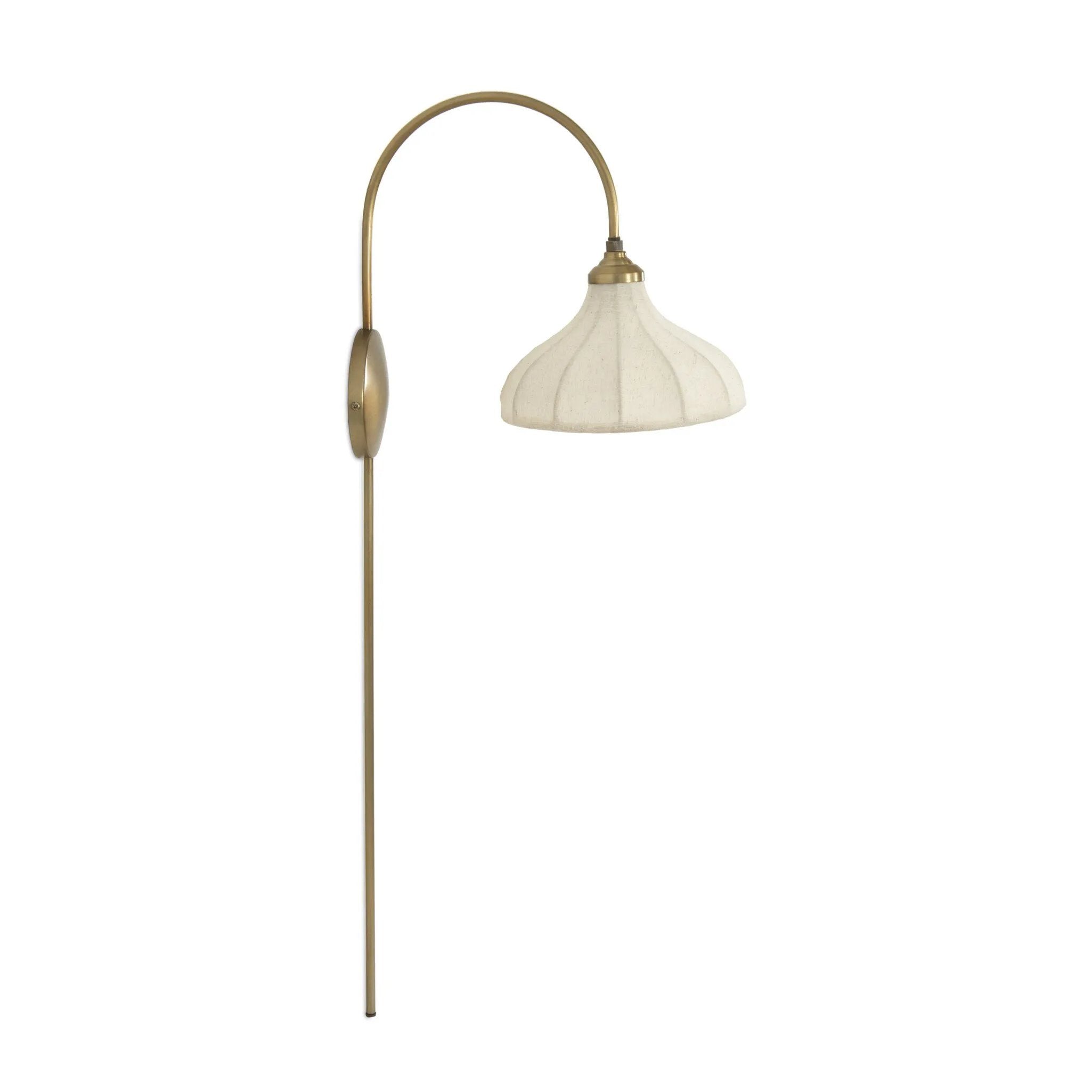 Slim and curved, a swan-neck arm supports a bell-shaped linen shade with brass boning, updating a traditional lighting look. This plug-in sconce design brings warm illumination to any space while discreet cord management keeps the look polished. Ideal for crafting warm, inviting reading corners or bedside ambiance Amethyst Home provides interior design, new home construction design consulting, vintage area rugs, and lighting in the Houston metro area.