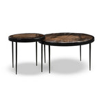 Featuring Yoko Smoked Brown Cast Glass Nesting Table by Four Hands at Amethyst Home. Smoky brown glass tops with slim, tapere