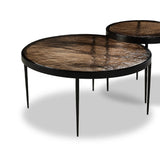 Featuring Yoko Smoked Brown Cast Glass Nesting Table by Four Hands at Amethyst Home. Smoky brown glass tops with slim, tapere