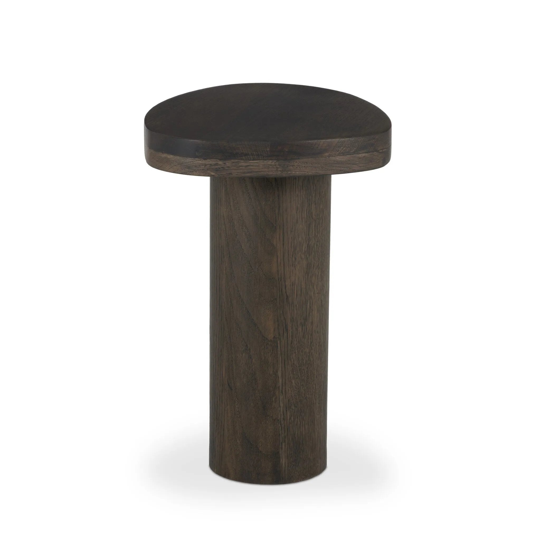 Shape and material share the spotlight in this pedestal-style end table of solid grey oak Amethyst Home provides interior design, new home construction design consulting, vintage area rugs, and lighting in the Los Angeles metro area.
