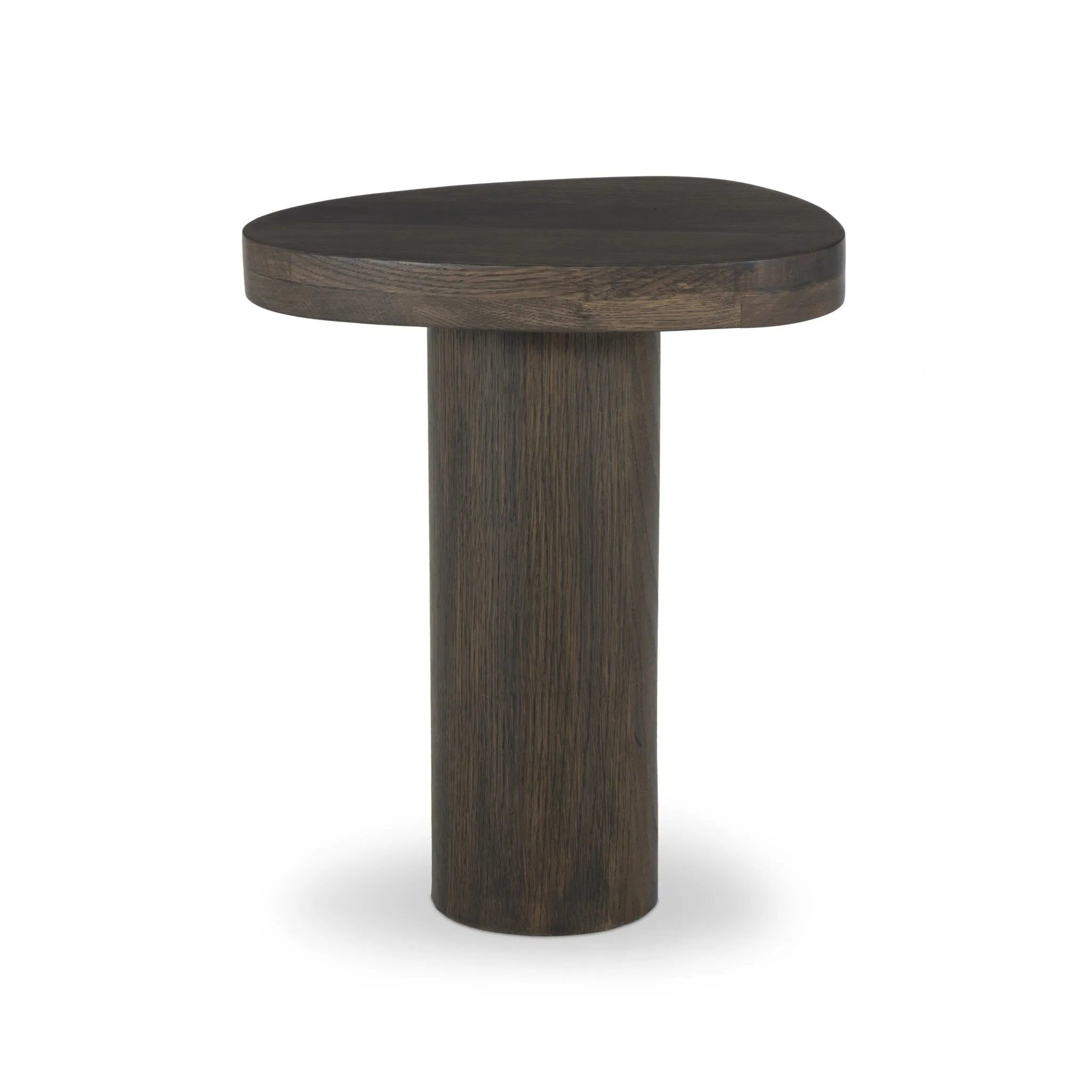 Shape and material share the spotlight in this pedestal-style end table of solid grey oak Amethyst Home provides interior design, new home construction design consulting, vintage area rugs, and lighting in the Tampa metro area.