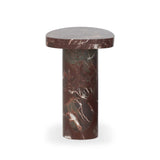 Shape and material share the spotlight in this pedestal-style end table of solid marble finished in a rich merlot with natural veining Amethyst Home provides interior design, new home construction design consulting, vintage area rugs, and lighting in the Dallas metro area.