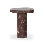 Shape and material share the spotlight in this pedestal-style end table of solid marble finished in a rich merlot with natural veining Amethyst Home provides interior design, new home construction design consulting, vintage area rugs, and lighting in the Laguna Beach metro area.