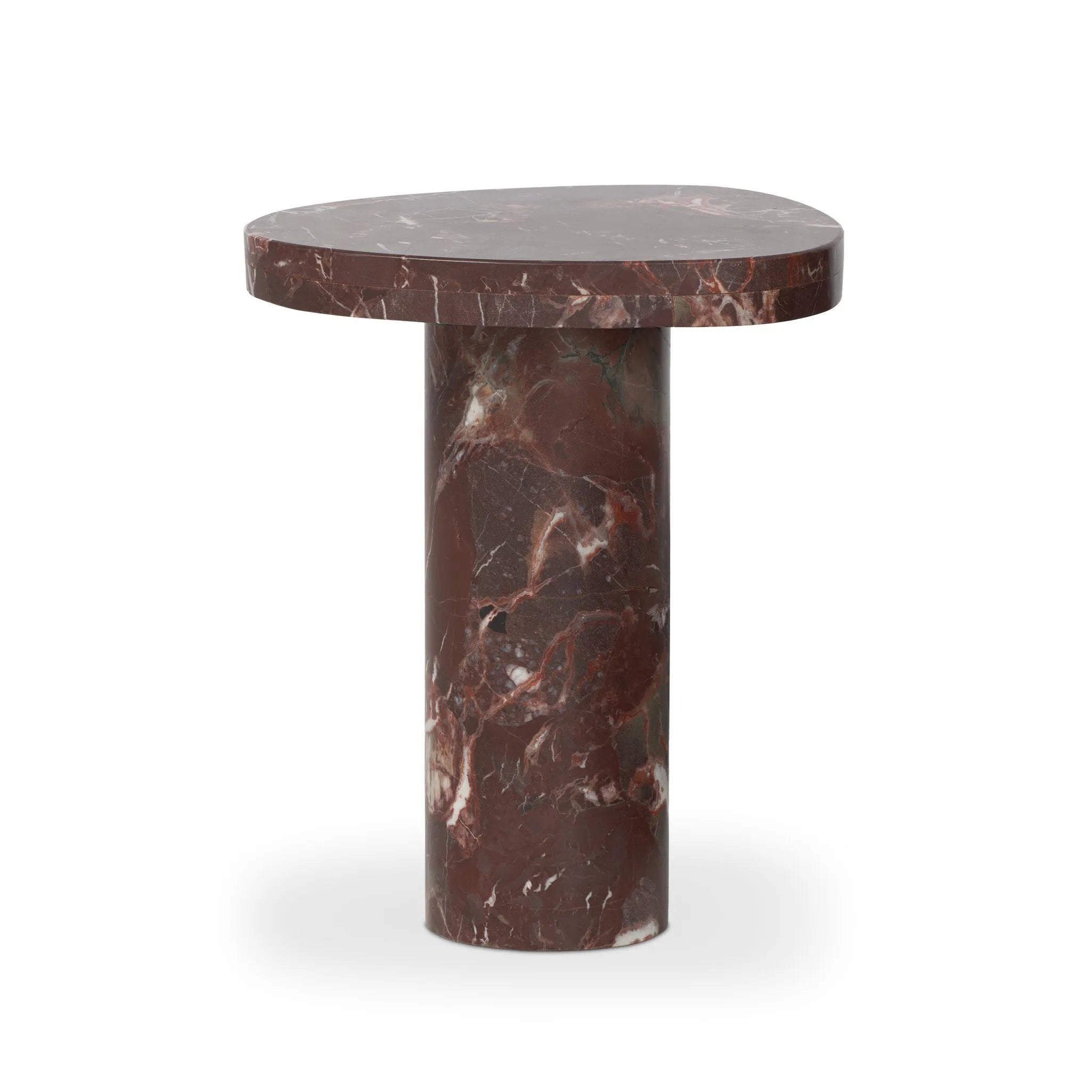 Shape and material share the spotlight in this pedestal-style end table of solid marble finished in a rich merlot with natural veining Amethyst Home provides interior design, new home construction design consulting, vintage area rugs, and lighting in the Laguna Beach metro area.
