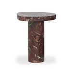 Shape and material share the spotlight in this pedestal-style end table of solid marble finished in a rich merlot with natural veining Amethyst Home provides interior design, new home construction design consulting, vintage area rugs, and lighting in the Nashville metro area.