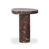 Shape and material share the spotlight in this pedestal-style end table of solid marble finished in a rich merlot with natural veining Amethyst Home provides interior design, new home construction design consulting, vintage area rugs, and lighting in the Nashville metro area.