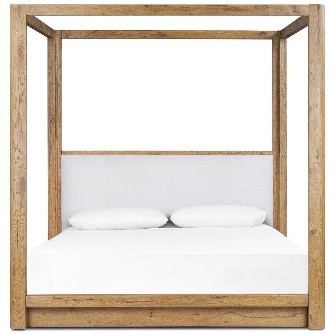 Minimalist and modern, this platform-style canopy bed is framed to a low profile and softened with an upholstered headboard. The character-rich oak's rounded corners and light brown finish add to the bed's fresh appeal Amethyst Home provides interior design, new home construction design consulting, vintage area rugs, and lighting in the Charlotte metro area.