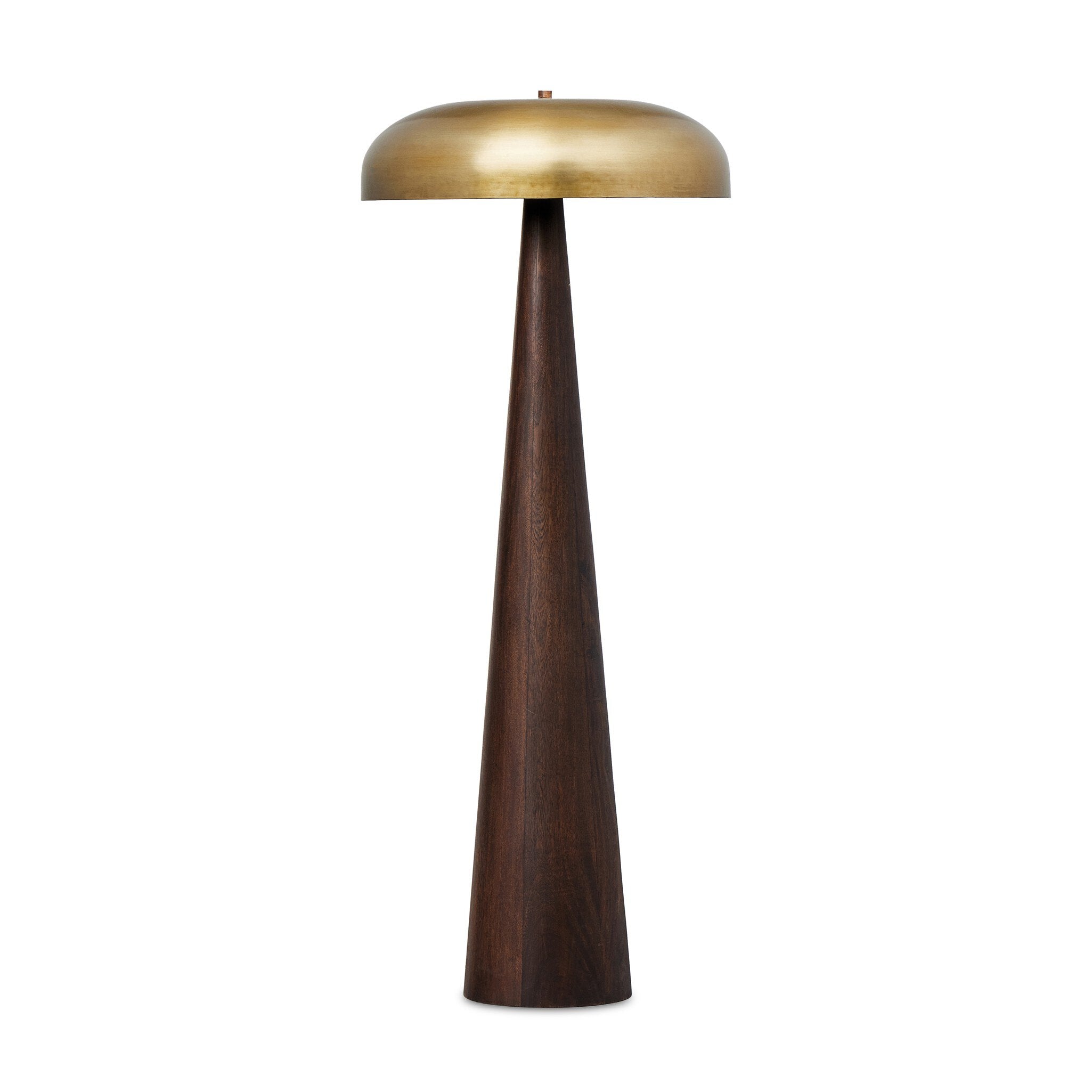 Featuring Griffin Russet Mango Floor Lamp by Four Hands at Amethyst Home. A stylish nod to midcentury mushroom lamps, this beautifully scaled wood lamp features a gleaming metal shade finished in aged brass. It's topped with a small wood finial to complete the look.Overall Dimensions: 26.00"w x 26.00"d x 63.75"hWeight : 40.56 lbsMaterials : Solid Mango, Iron. Amethyst Home provides interior design, new construction, custom furniture, and area rugs in the Kansas City metro area