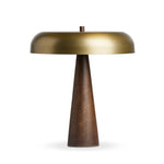 Featuring Griffin Russet Mango Table Lamp by Four Hands at Amethyst Home. A stylish nod to midcentury mushroom lamps, this beautifully scaled wooden lamp features a gleaming metal shade finished in aged brass. It's topped with a small wood finial to complete the look.Overall Dimensions: 20.00"w x 20.00"d x 22.75"hWeight : 15.78 lbsMaterials : Solid Mango, Iron. Amethyst Home provides interior design, new construction, custom furniture, and area rugs in the Boston metro area