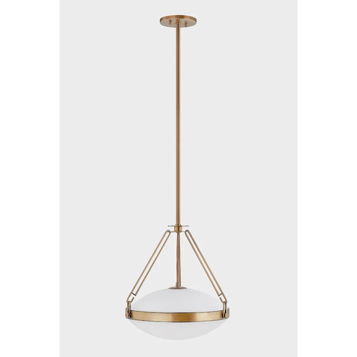 The Kade pendant updates a nostalgic shape with sleek, industrial metalwork and two large opal matte glass shades. Inspired by vintage elements, it features a striking suspension technique with three oversized loops connecting to the central housing above the fixture. The Patina Brass finish adds old-world finesse to the frame. Amethyst Home provides interior design, new home construction design consulting, vintage area rugs, and lighting in the Seattle metro area.