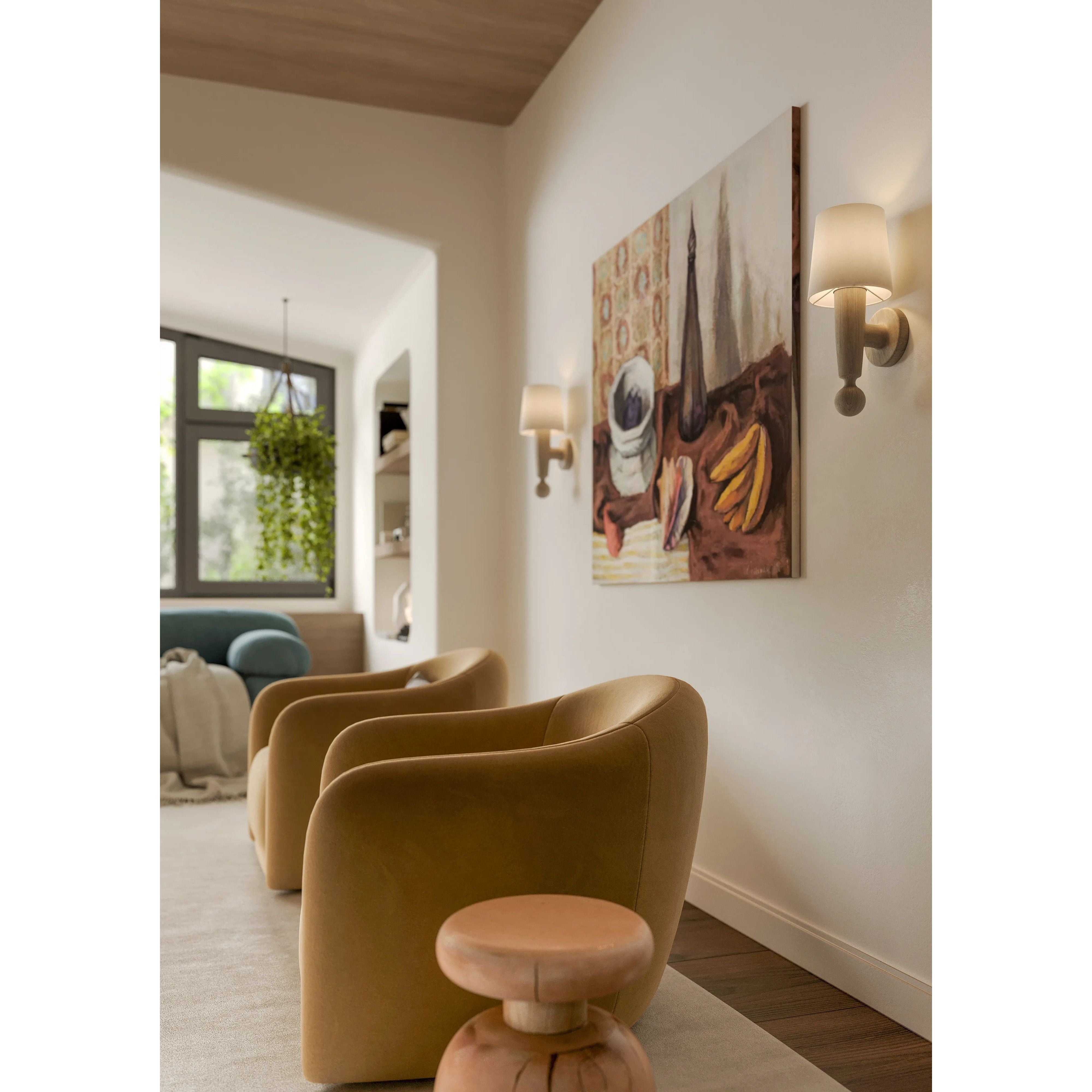 Inspired by the Scandinavian minimalist designs of Uno & Östen Kristiansson, the Nola sconce’s gentle forms are constructed from natural neutrals. The base of the sconce has been handcarved from Cerused Whitewash Wood with its vertical grain and blond finish adding a dynamic texture to the piece. Amethyst Home provides interior design, new home construction design consulting, vintage area rugs, and lighting in the Omaha metro area.