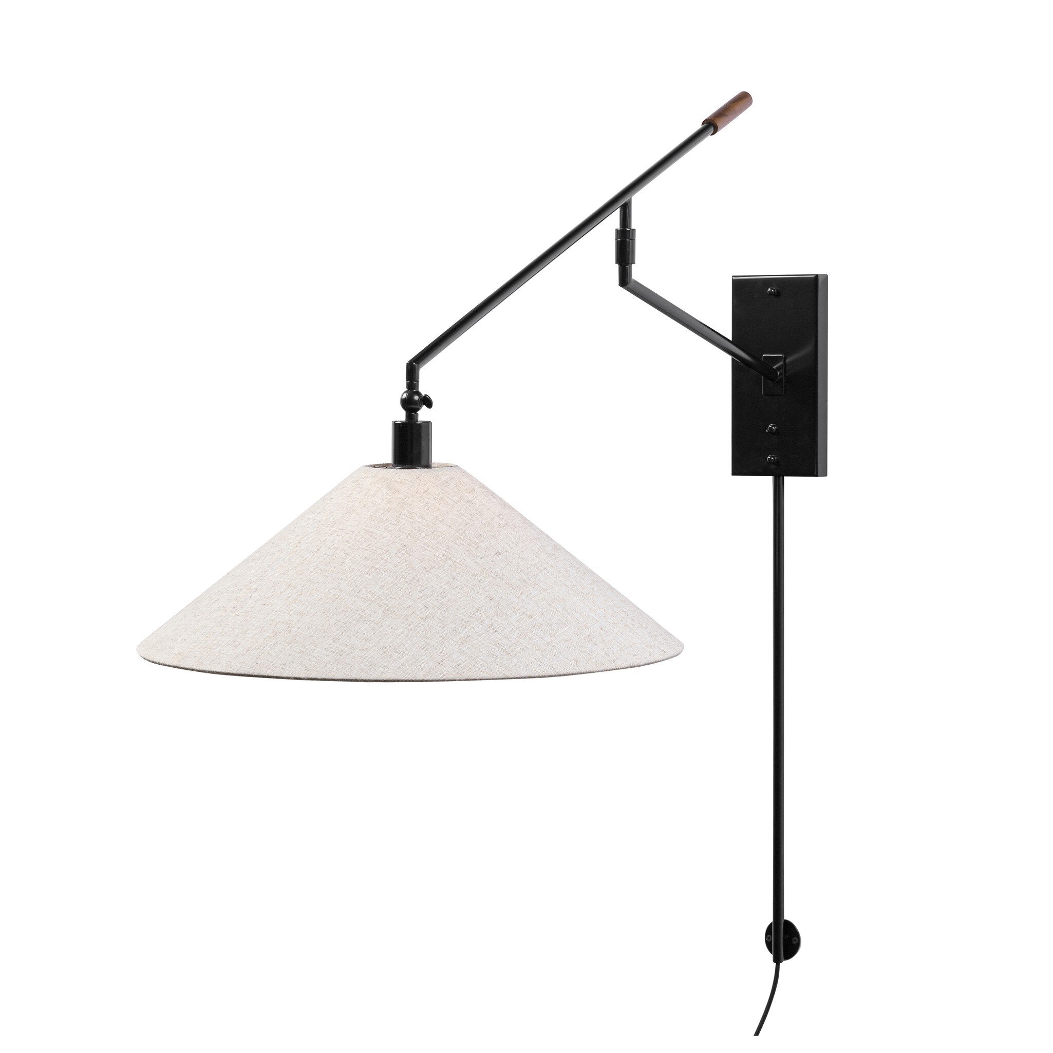 Featuring Hassell Jet Black Sconce by Four Hands at Amethyst Home. A flax linen shade with subtle flecking pairs with a sleek black metal body and dark walnut handle. Dual points of articulation including a horizontal arm rotation and vertical shade adjustment ensure precise light positioning. The plug-in design features a cord-concealing pipe and wall-mounted backplates for . Amethyst Home provides interior design, new construction, custom furniture, and area rugs in the Salt Lake City metro area