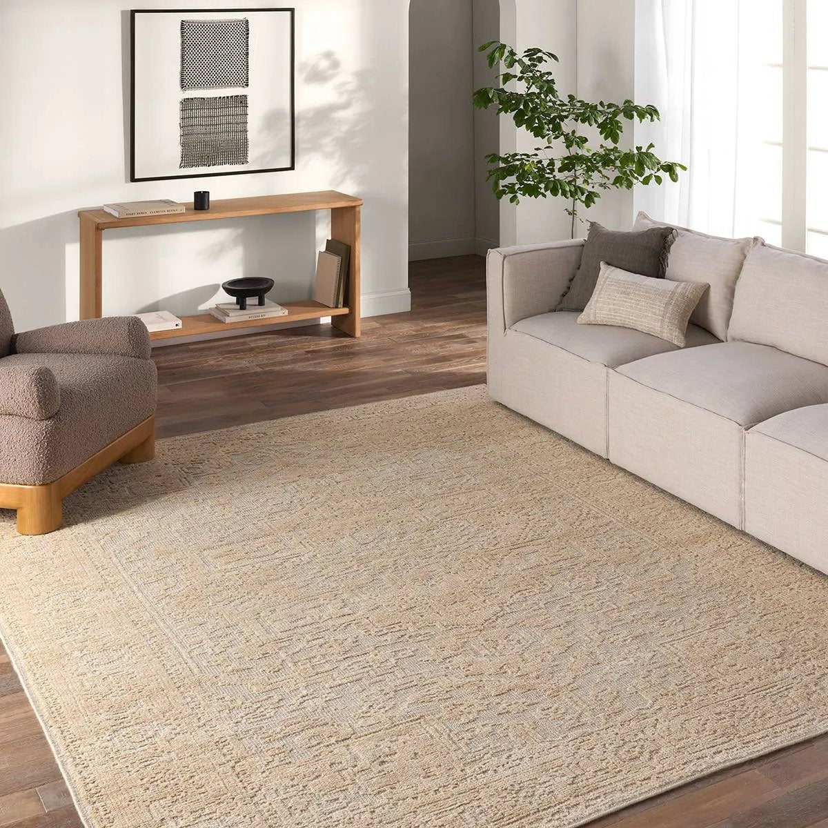 Featuring Aposio Pranhita Natural Hand-Knotted Rug by Jaipur Living at Amethyst Home. Exquisitely hand-knotted of Persian knots, this extraordinary 100% wool rug is a modern-day classic.  Its sculptural hand cut pile is plush, yet easy-to-care for and stain resistant. Handmade in wistful shades of cream and beige, the Pranhita design’s subtle cut-pile cat. Amethyst Home provides interior design, new home construction design consulting, vintage area rugs, and lighting in the Kansas City metro area.