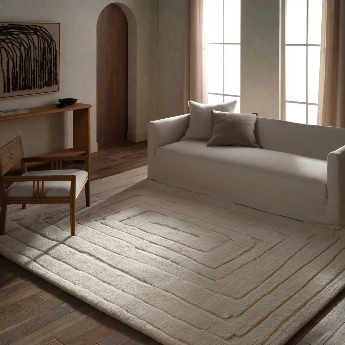 Featuring Kenji Hand-Knotted Rug by Jaipur Living at Amethyst Home. Embrace clean, simple elegance with the Ameln Kenji. As artisans knot each strand by hand, they weave in modern, centric lines that balance Moroccan heritage with contemporary edge. Made from lush New Zealand wool, the Kenji rug offers delicious dimension and a cloud-like texture, offer. Amethyst Home provides interior design, new home construction design consulting, vintage area rugs, and lighting in the Newport Beach metro area.