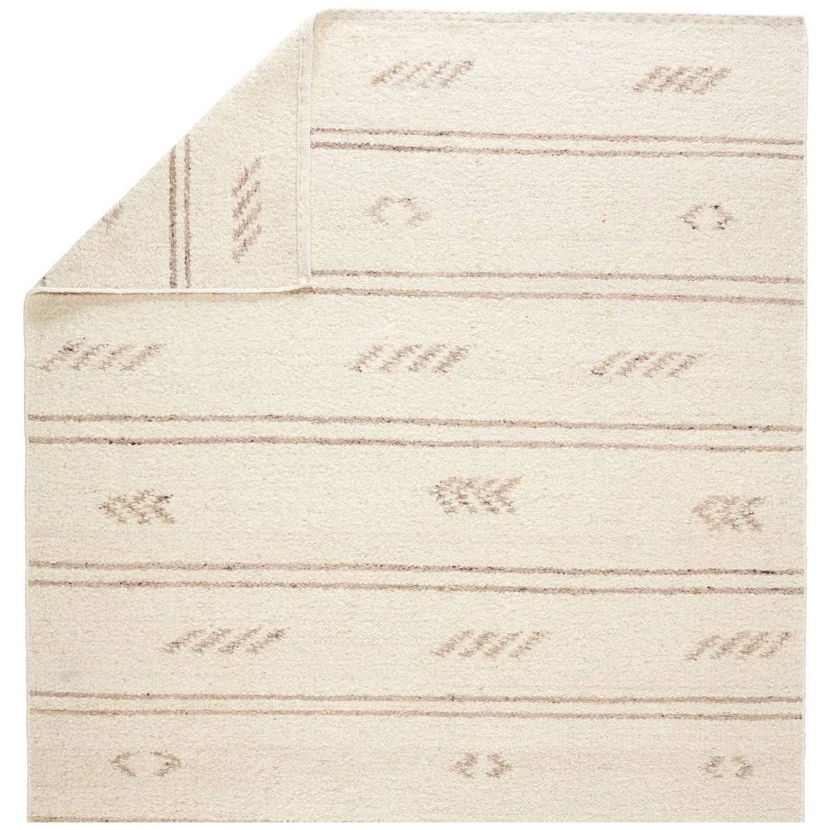 Featuring Leona  Essek Rug by Jaipur Living at Amethyst Home. The texture-rich Leona Essek offers an assortment of updated kilim looks, re-invented with the on-trend shearling style and neutral, modern palettes. The handwoven Essek rug features a globally inspired, light brown, stripe and tribal pattern on a neutral cream base. This 100% wool accent piece. Amethyst Home provides interior design, new home construction design consulting, vintage area rugs, and lighting in the Kansas City metro area.