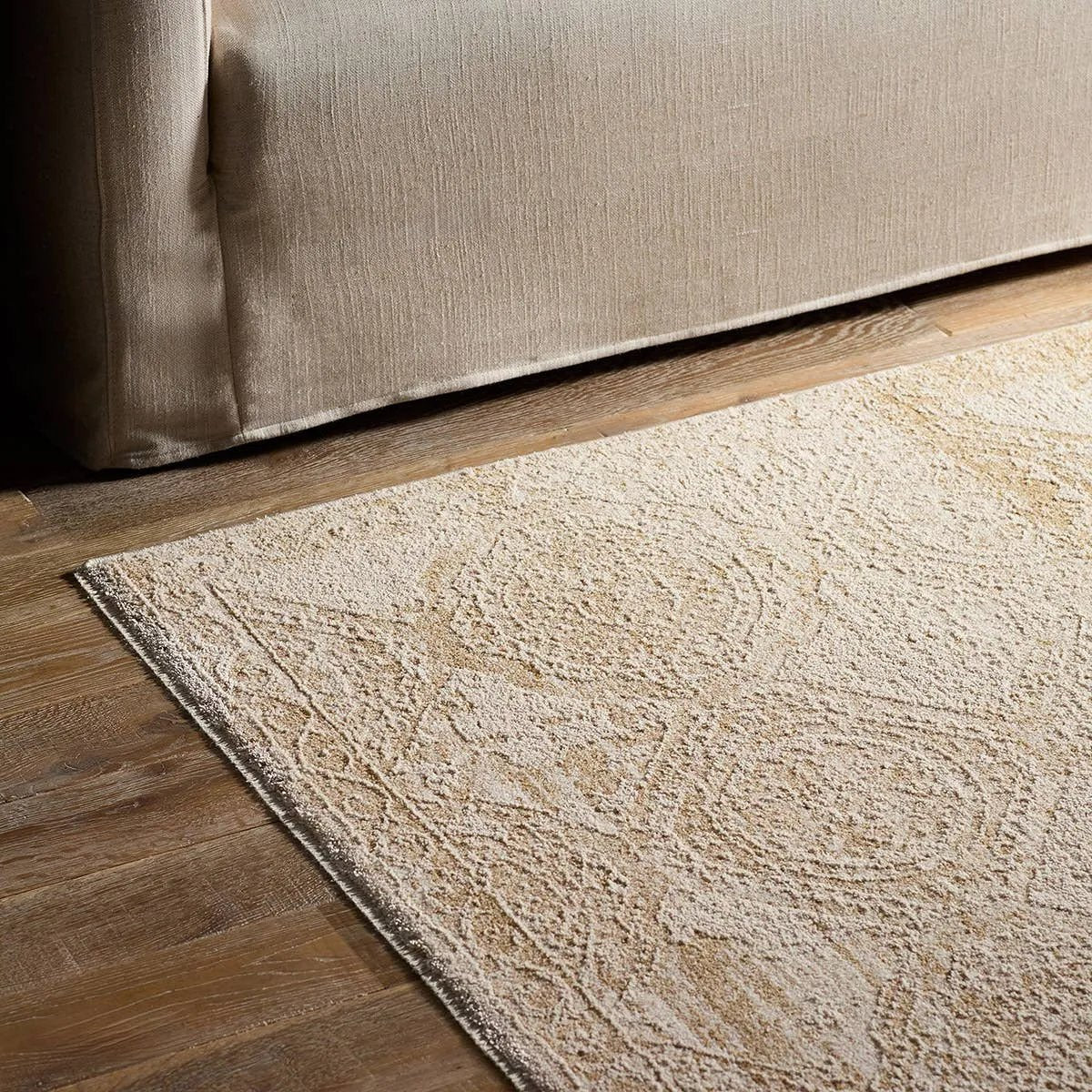 Featuring Nara Rug by Jaipur Living at Amethyst Home. Elegant and classic, the Nara design presents a largely sought-after Oushak-inspired pattern in a durable, powerloomed construction. The beautiful white and tan oriental pattern effortlessly elevates any medium-traffic indoor setting. Space-dyed polyester introduces subtle, intriguing color variation. Amethyst Home provides interior design, new home construction design consulting, vintage area rugs, and lighting in the Winter Garden metro area.